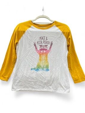Women's White & Mustard Raglan Long Sleeve Tee with Rainbow Sloth Graphic